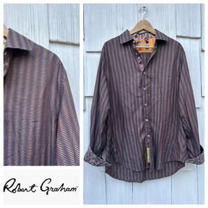 Robert Graham‎ Mens Embroidered Shirt Button-Down Silk Trim Long Sleeve Size L
